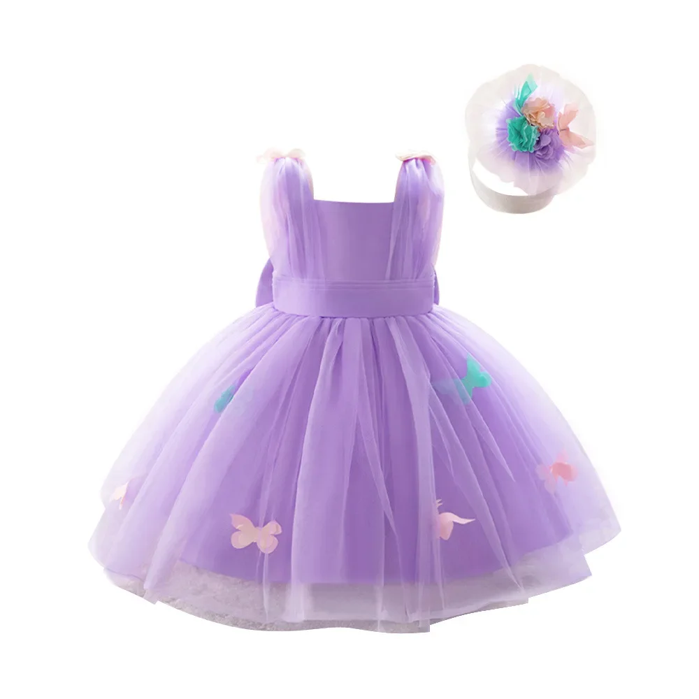 Baby Girl Butterfly Tutu Dress  Girl Dresses Purple Tulle Colorful  With Bow For Wedding Party 1st Birthday Holy Communion Gowns