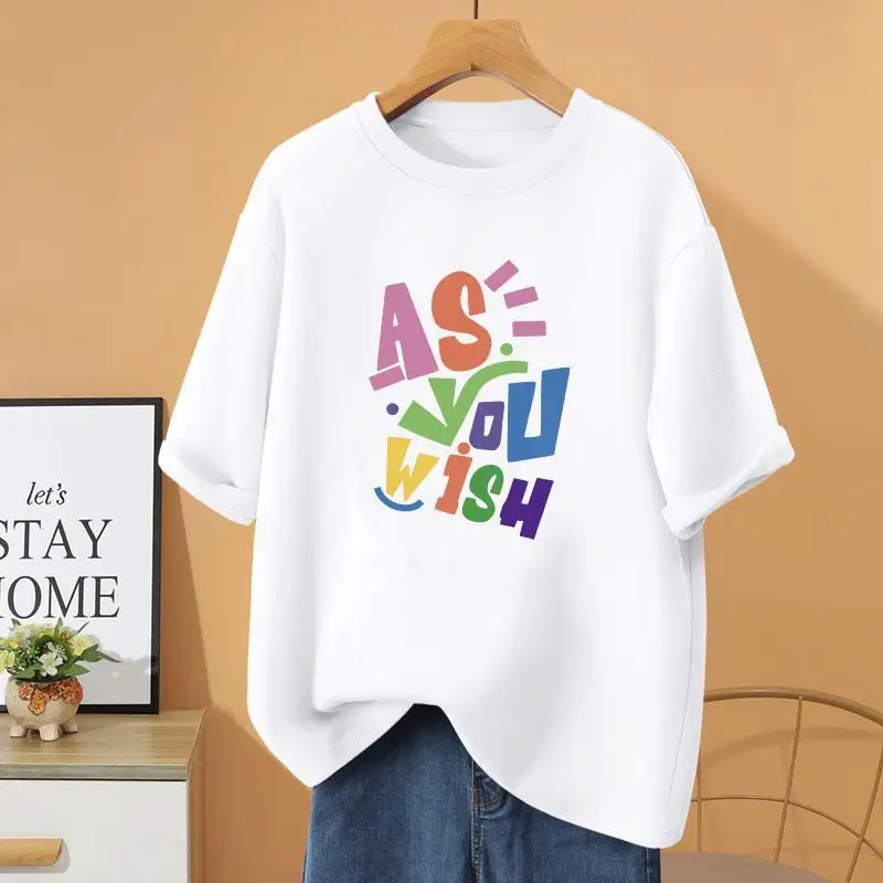 

Women Clothing Fashion Loose Casual Basic T-shirt, Summer Cartoon Printed O-neck Pullovers, 100% Cotton Short Sleeve Top Tee