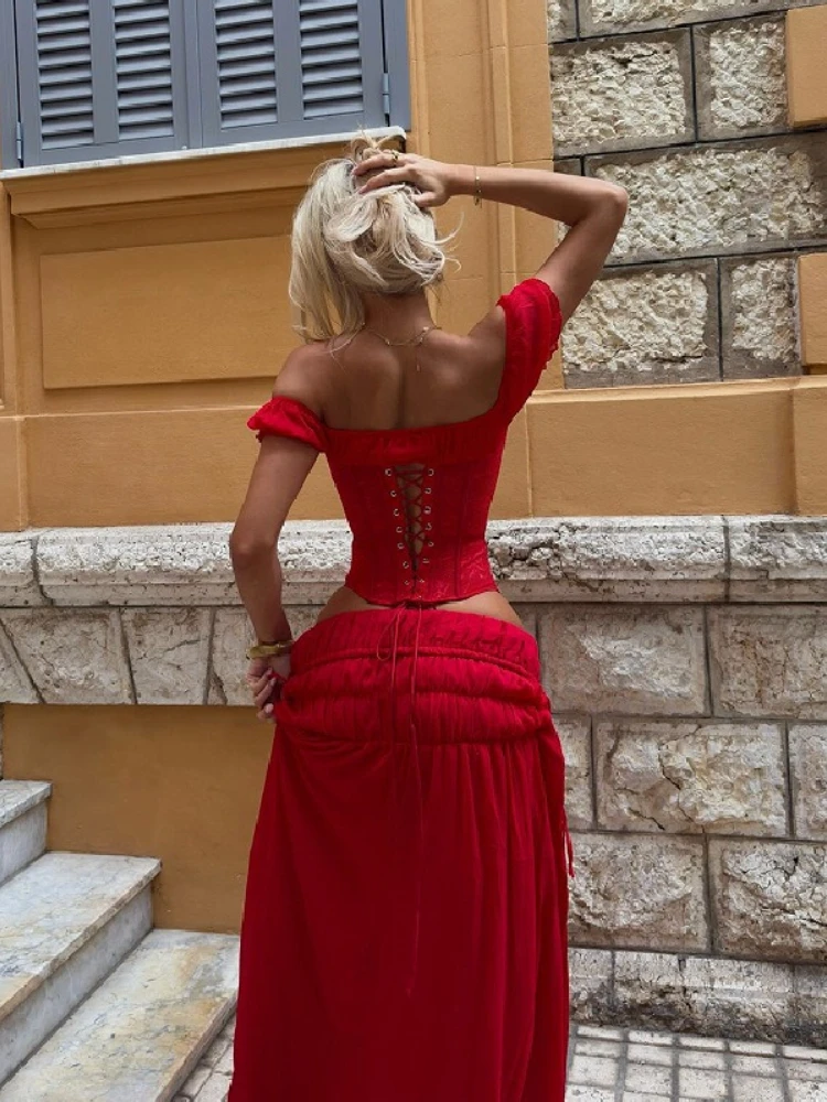 2026 Summer Red Vacation Style Sexy Hot Girl Lace One Shoulder Tight Strap Top+Drawn Half length Skirt Set Two Piece Set