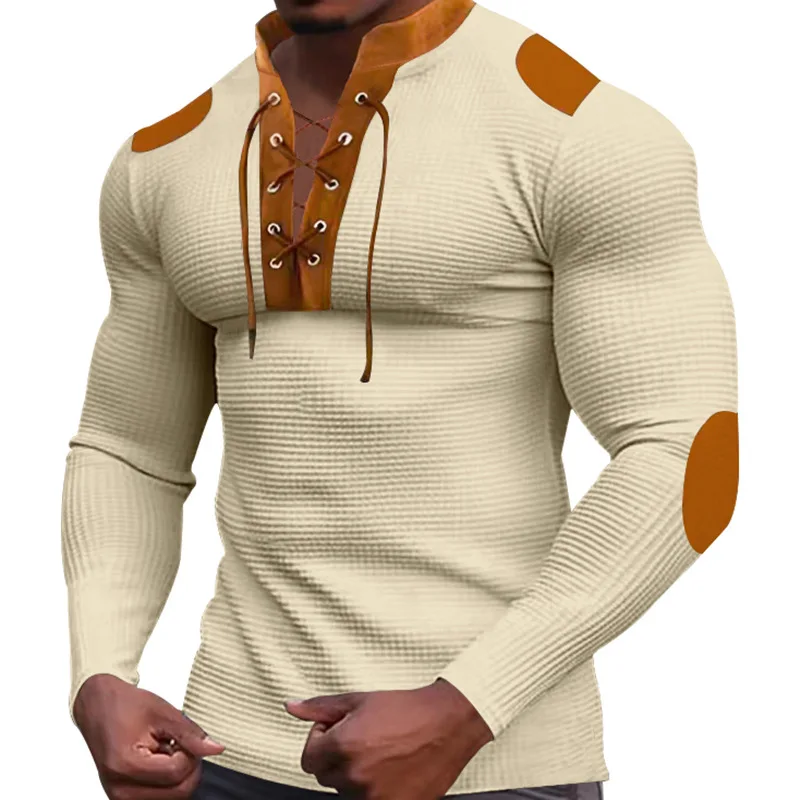 Cross-border new men\'s waffle color matching strap V-neck top casual long-sleeved bottoming T-shirt