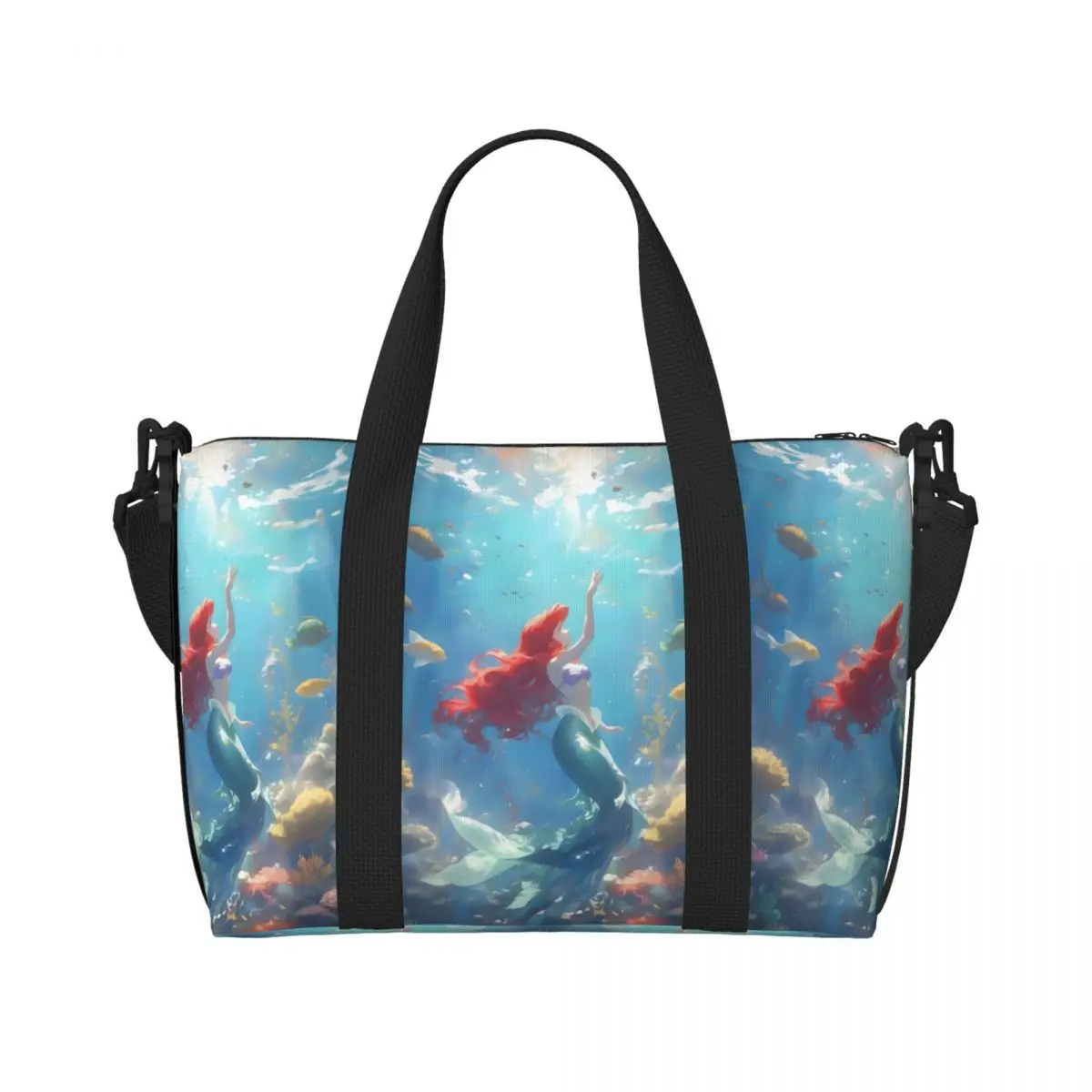 

Custom The Little Mermaid Beach Tote Bag Women Kawaii Princess Cartoon Big Compartment Beach Gym Travel Bags