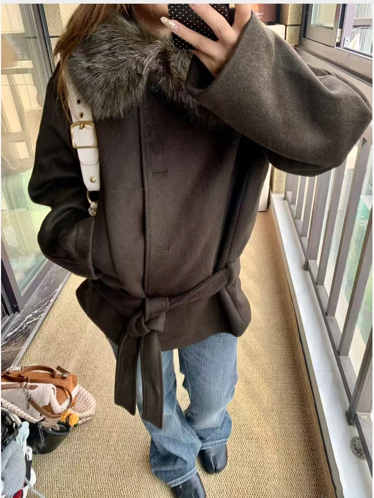 

Зимнее новое поступление с эффектом искусственного меха, длинное пальто из смесовой шерсти све, верхняя одежда с воротником, корейская свободная посадка