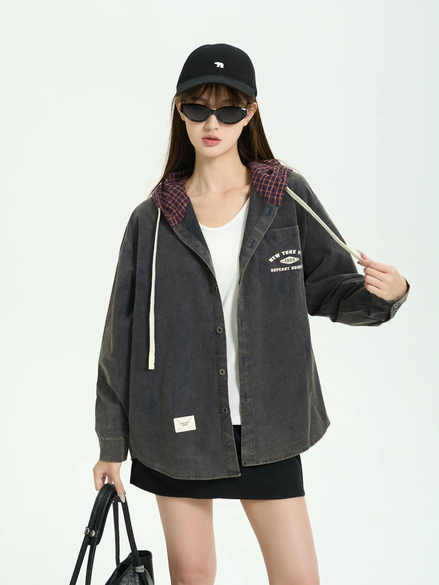 

7KEEWEN Женская свободная повседневная куртка-рубашка в американском ретро-стиле, модная, в клетку, с капюшоном, с длинными рукавами, для ранней осени