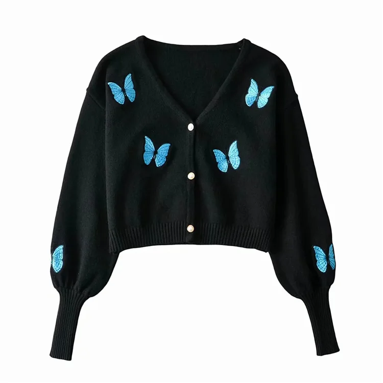

Women's Vintage Lantern Sleeve Sweater Jacket Loose Fit Butterfly Embroidery Harajuku Style Short Knit Top