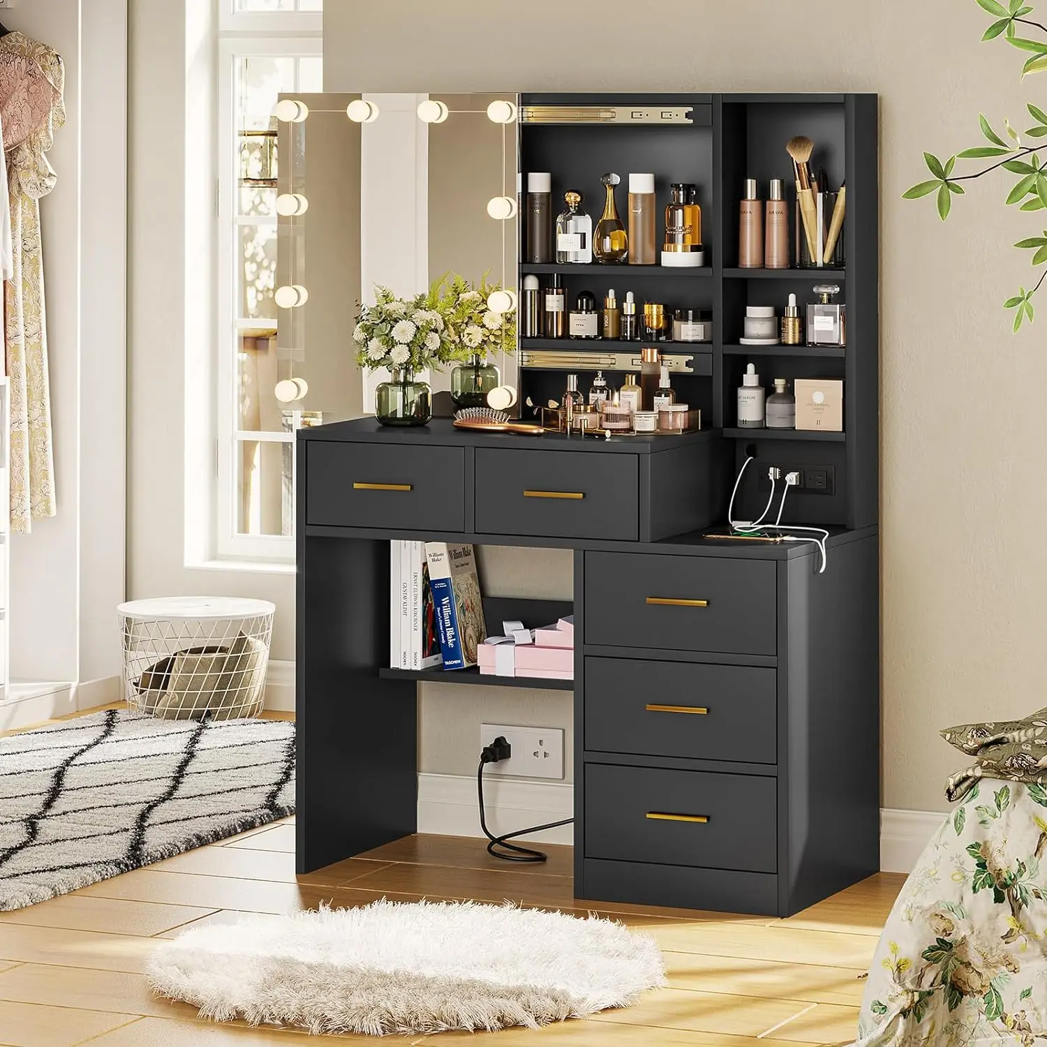 

Vanity Desk with Sliding Mirror and Lights,Makeup Vanity with Lights,Charging Station and Nightstand,Makeup Table with 5 Drawers