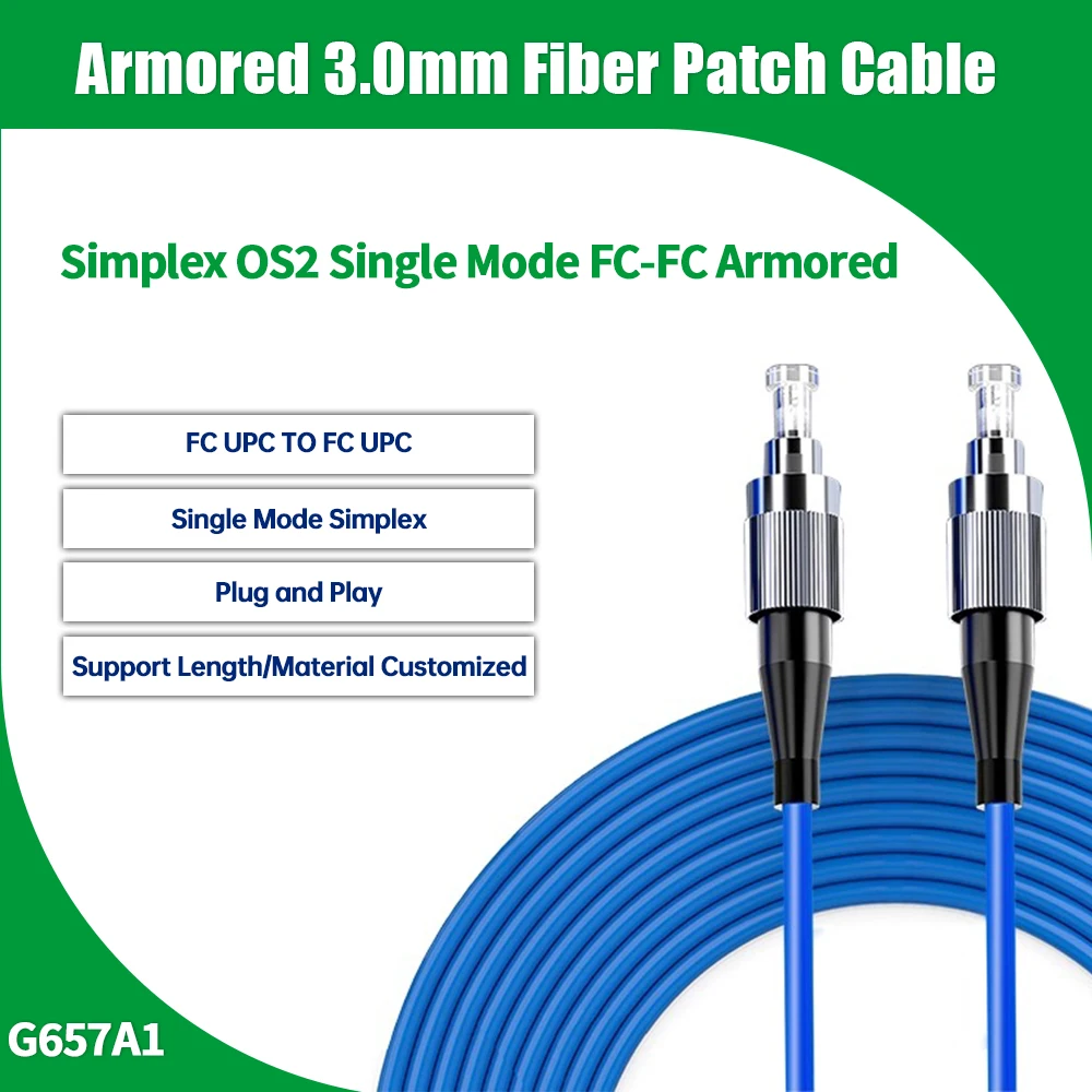 FC UPC naar FC UPC gepantserde 3,0 mm glasvezel patchkabel 1/2/3/5M binnen G657A1 Simplex OS2 SM SX 3M FTTH