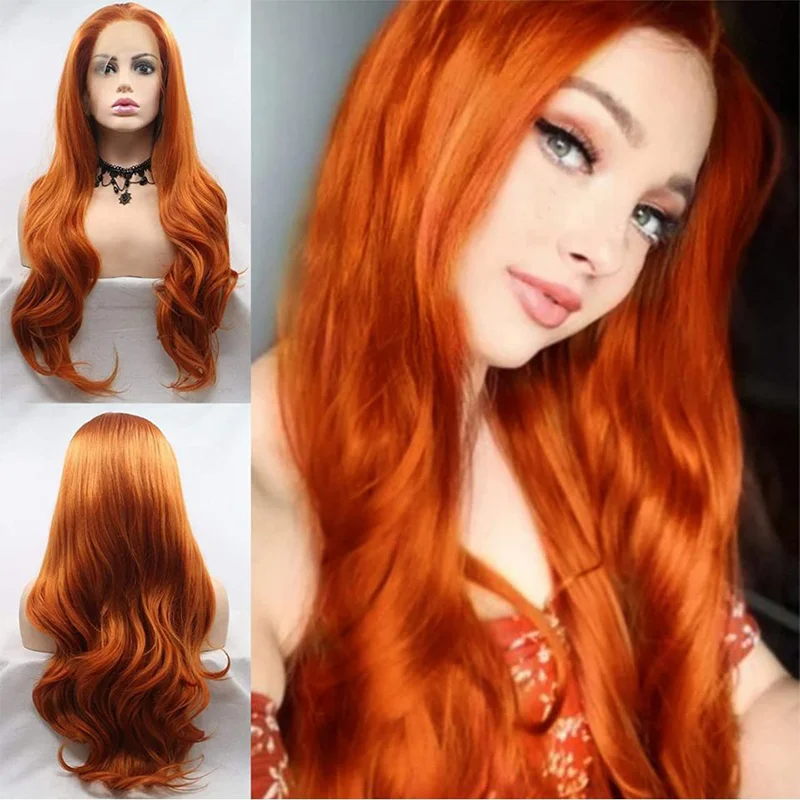 Webster Middle Part Body Wave Long Lace Front Fiber Hair Wig Orange Color Synthetic Hair Baby Hair Daily Glueles Wear Wig