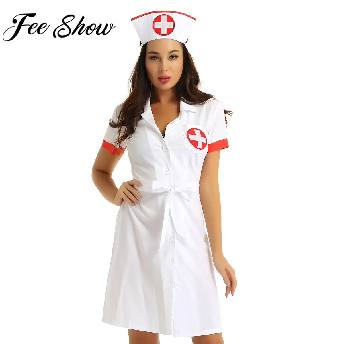 

Women Halloween Theme Party Sexy Nurse Cosplay Costume Short Sleeve Lapel Collar Uniform Dress with Belt Hat Clubwear Nightwear