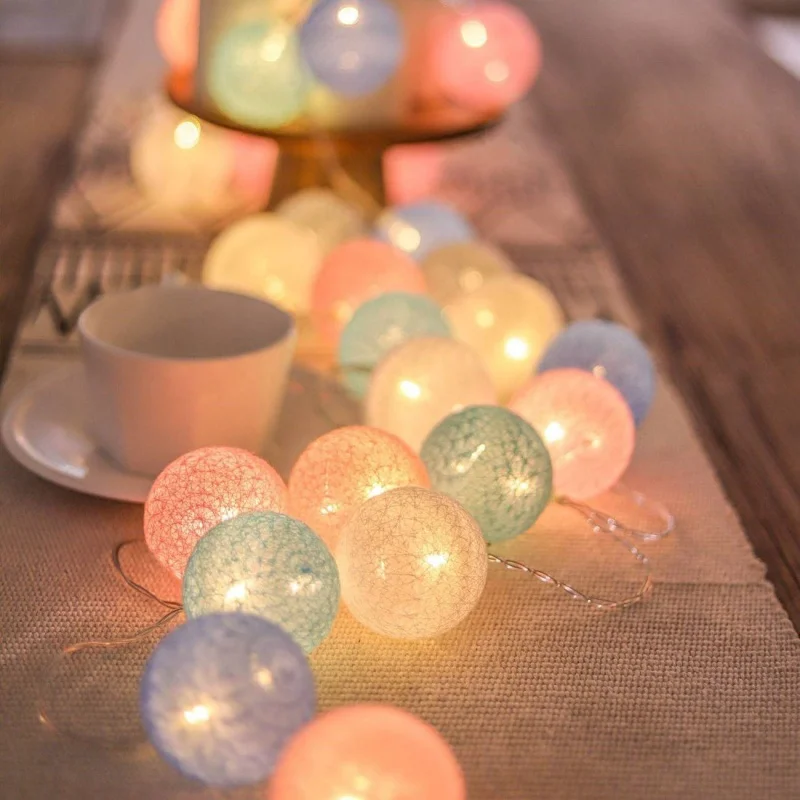 Guirnalda de bolas de algodón para decoración del hogar, 20 LED, luces de hadas de Navidad, cuerdas de iluminación para vacaciones al aire libre,
