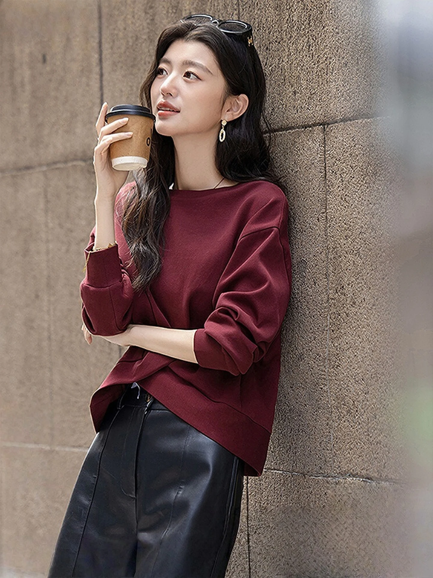 

Ele Pure Color Long Sve Sweatirt Korean Sle Loose Fit Base Layer irt Trendy Autumn Faion High-End Feel