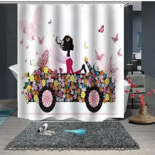 Modern Flower Fairy Home Decor Shower Curtain, Elagant Beautiful Girl with Flowers and Butterflies Design