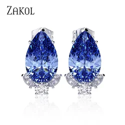 ZAKOL Korean Pink Water Drop Cubic Zirconia Stud Earrings for Women Fashion Blue Earring Party Jewelry Gift