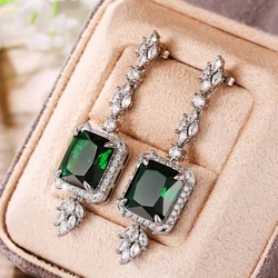 Huitan Gorgeous Square Green Cubic Zirconia Hanging Earrings for Women Newly Designed Bridal Wedding Accessories Luxury Jewelry