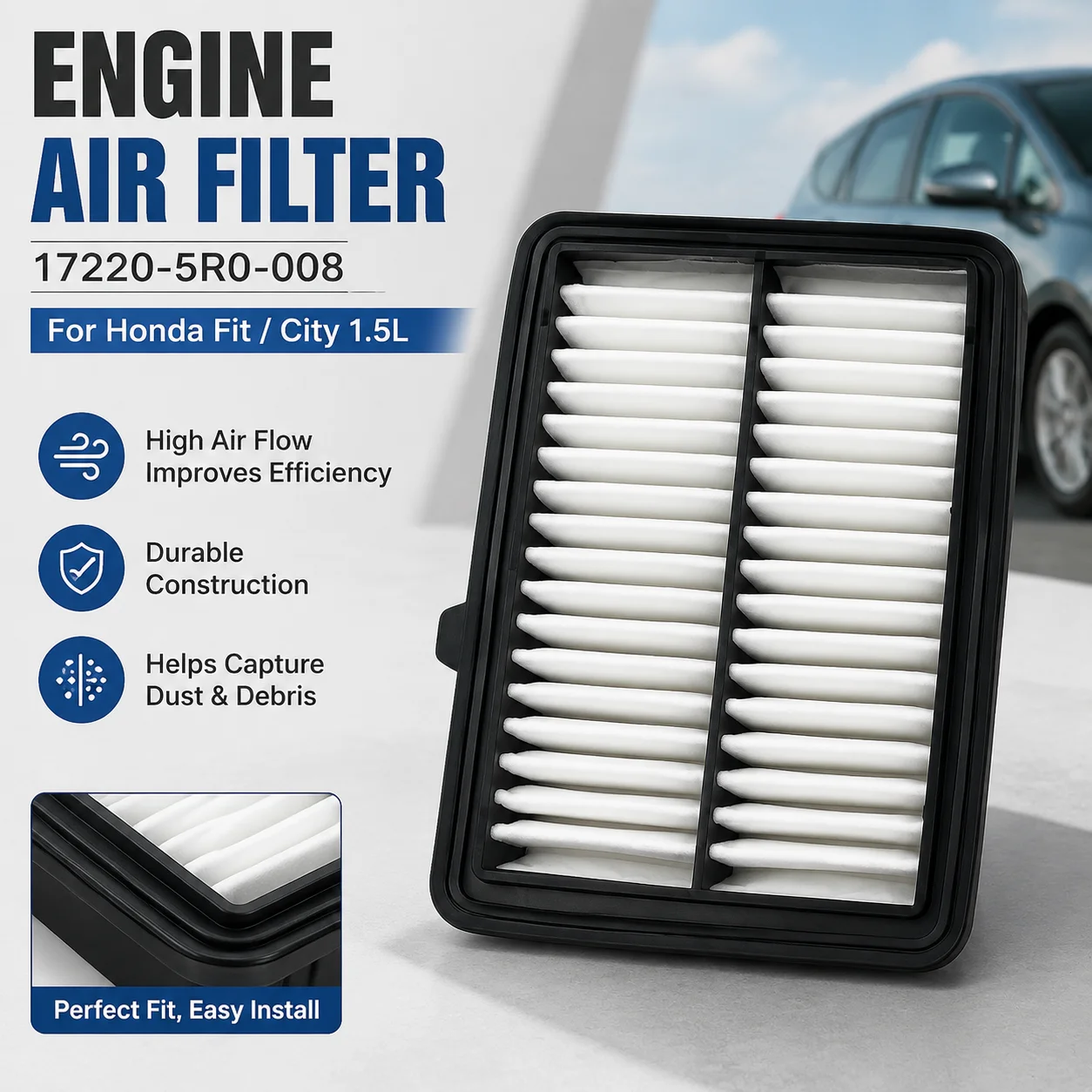 Engine Air Filter 17220-5R0-008 High Flow Durable Replacement For Honda 2014 Fit City 1.5L Car Accessory
