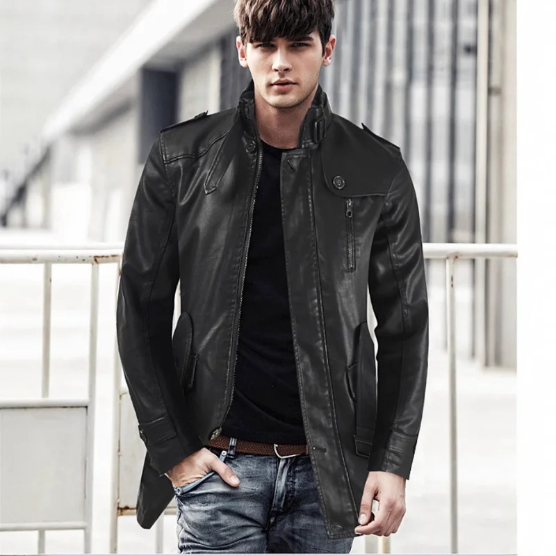 Leather Men's New Autumn and Winter Trend in Long Leather Plus Casual Stand Collar Cross Border Large Size Leather Trench Coat