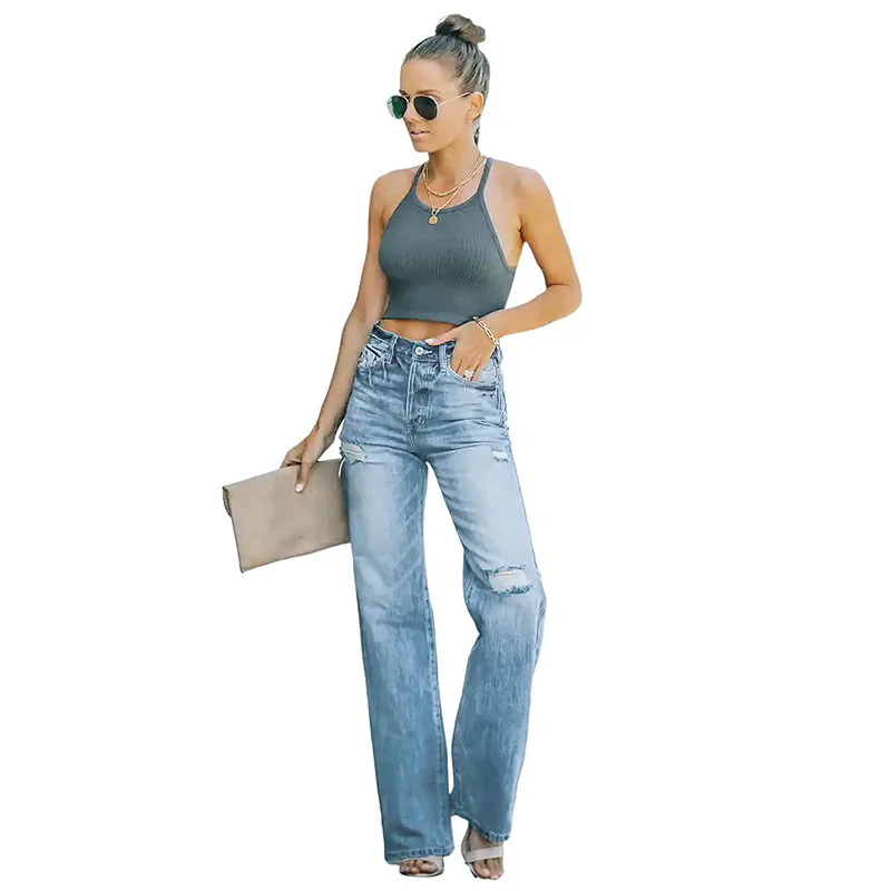 

2023 Autumn New Women's Jeans Mid Waist Ripped High Elasticity Denim Boot Cut Pants Fashion Casual Female Trousers S-2XL