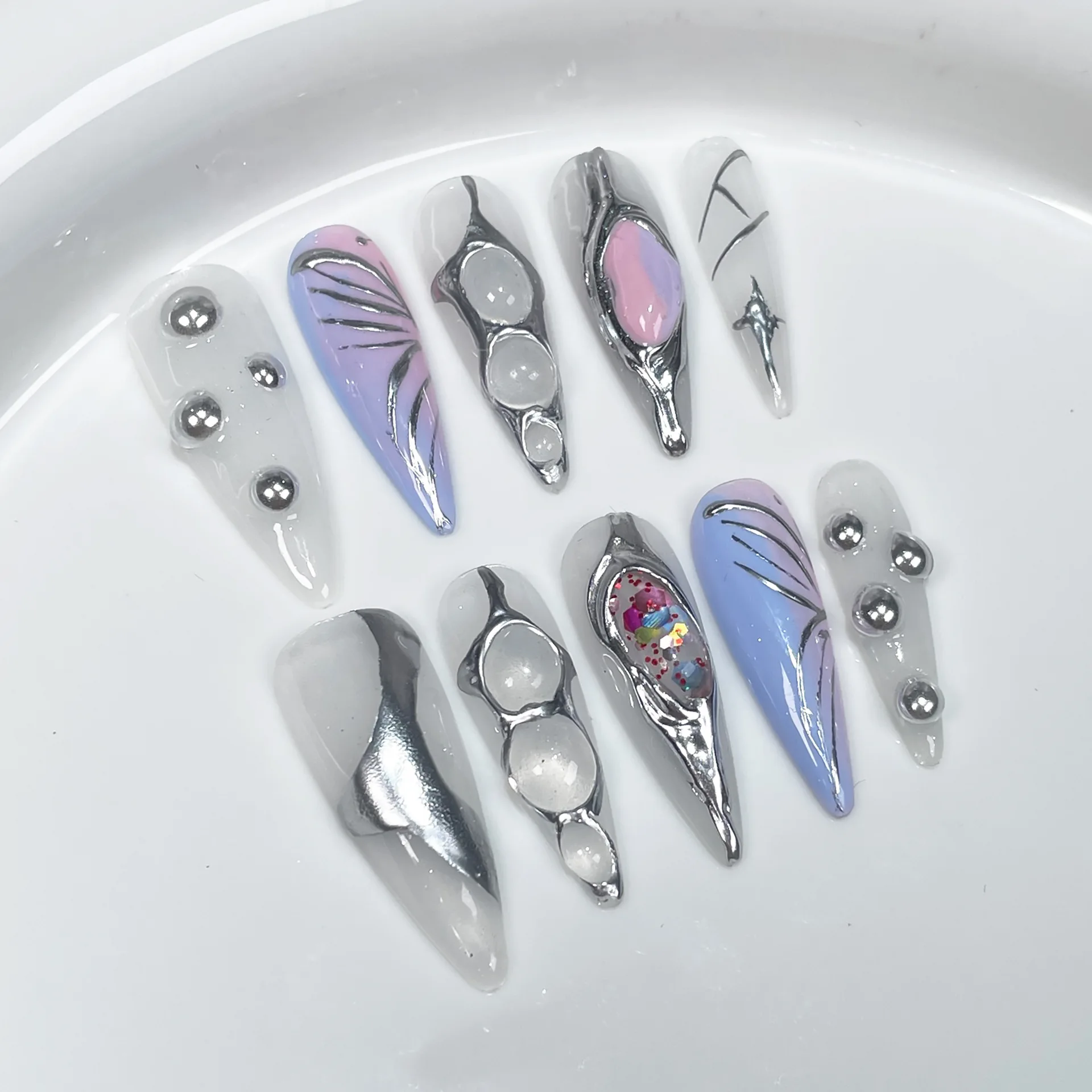 

10pcs Handmade Press on Nails Hand Painted 3D Bead Design Y2k False Nail Patch European Heavy Metal Long Pointed Fake Nail Tips