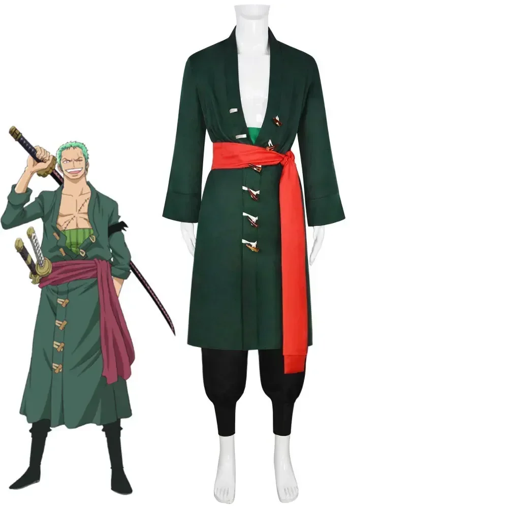 

New Roronoa Zoro Anime Cosplay Costume Men's Green Coat With Belt Pants Headscarf Wig And Earrings For Halloween