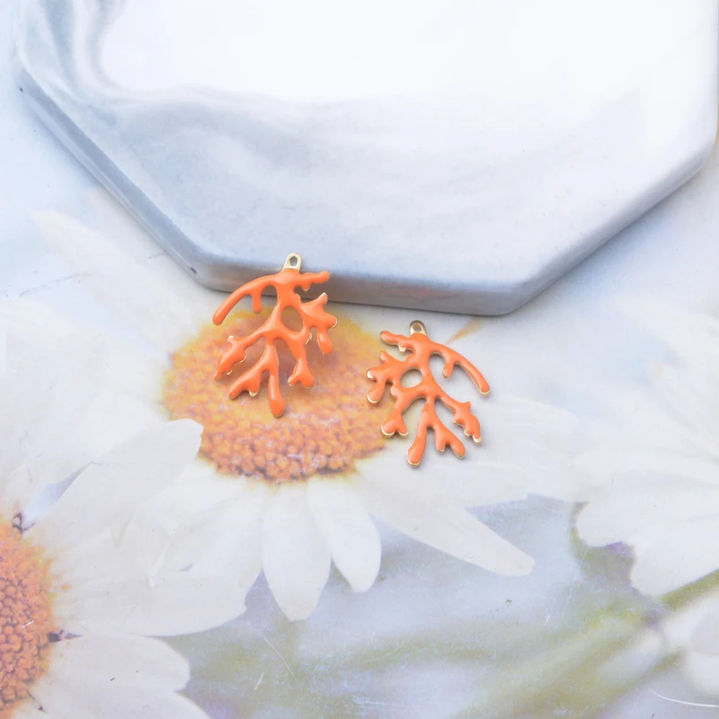 6pcs  Copper Enamel Coral Charms Two-sided Dripping oil  Pendant DIY Jewelry Necklace Bag Accessories