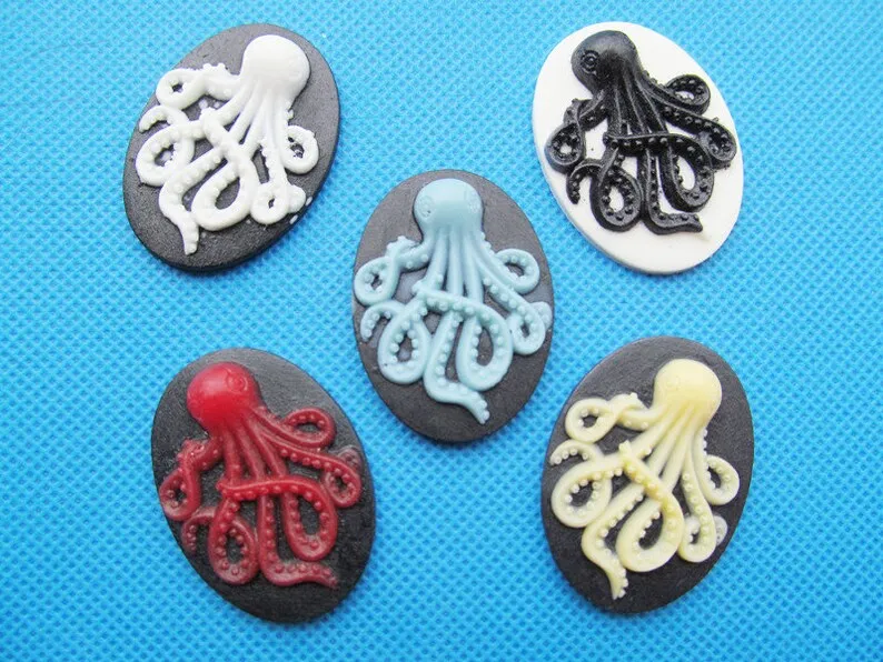 30mmx40mm 6 Colors Oval Flatback Resin Relief Octopus Cabochon Cameo Charm Finding,Fit Base Setting Tray Bezel,DIY Jewelry