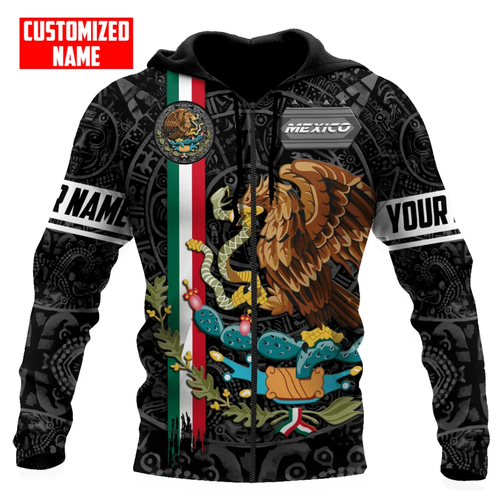 Mexico National Flag Printing Hooded Zip-Up Sweatshirts Fashion 3D Eagle Pattern Hoodies For Men Personalization Name Loose Tops