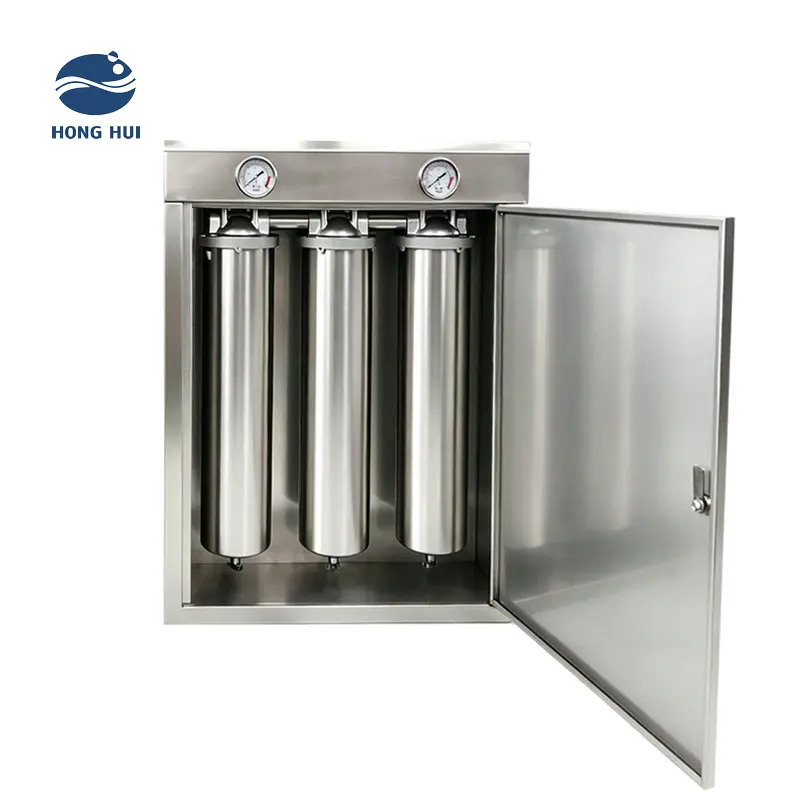 Stainless Steel 4.5*20 20 Inch 3 Stages Big Blue Whole House Water Filter Housing System With SS Cabinet With Pressure Gauge