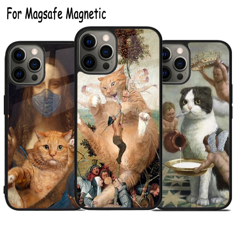 Fun Cat Art Parody Wireless Charge Magsafe Phone Case For iPhone 15 16 14 13 11 12 Pro Max Plus Magnetic Bumper Cover