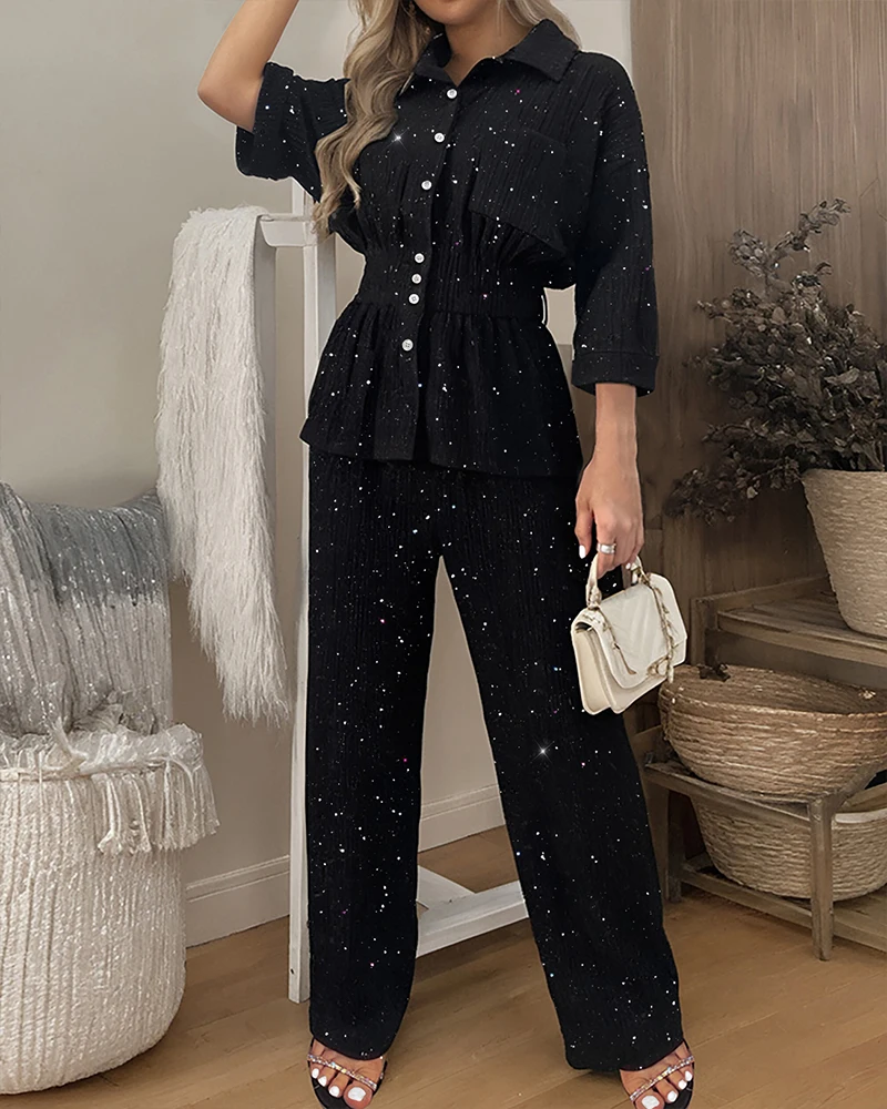 

2 Piece Sets Womens Outfits Seven Inch Sleeve Stand Up Collar Long Sleeved Top+Pants Set New Fashion 2025 Casual