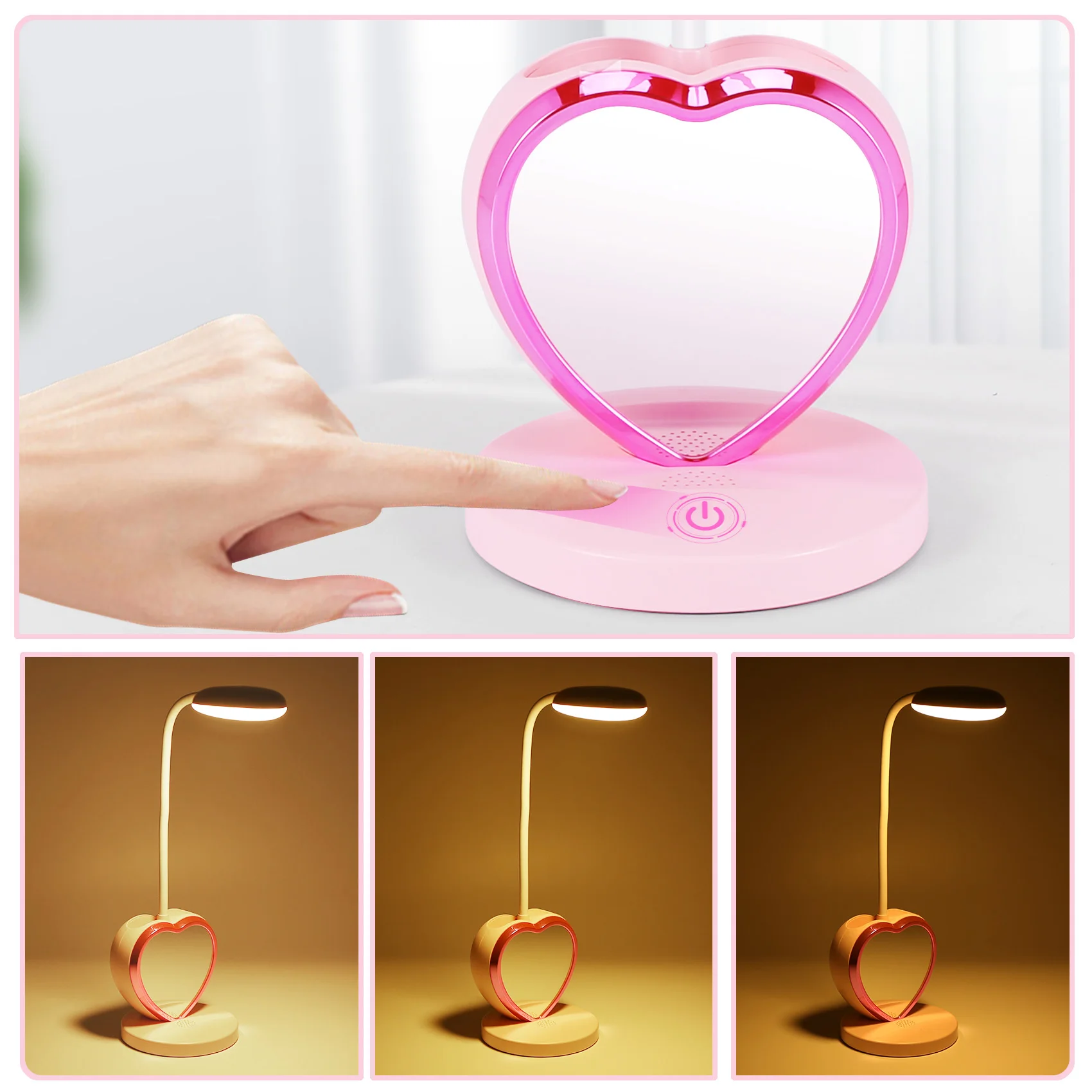 ABZV-LED Desk Lamp for Girls, Rechargeable LED Desk Lamp with USB Charging Port & Pen Holder, Eye-Caring Dimmable Pink