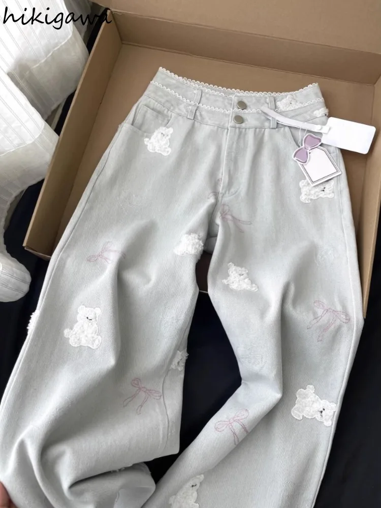 

Vintage Women Jeans Streetwear Bear Embroidery Y2k Wide Leg Pants Pantalon Femme High Waist Straight Casual Chic Denim Trousers