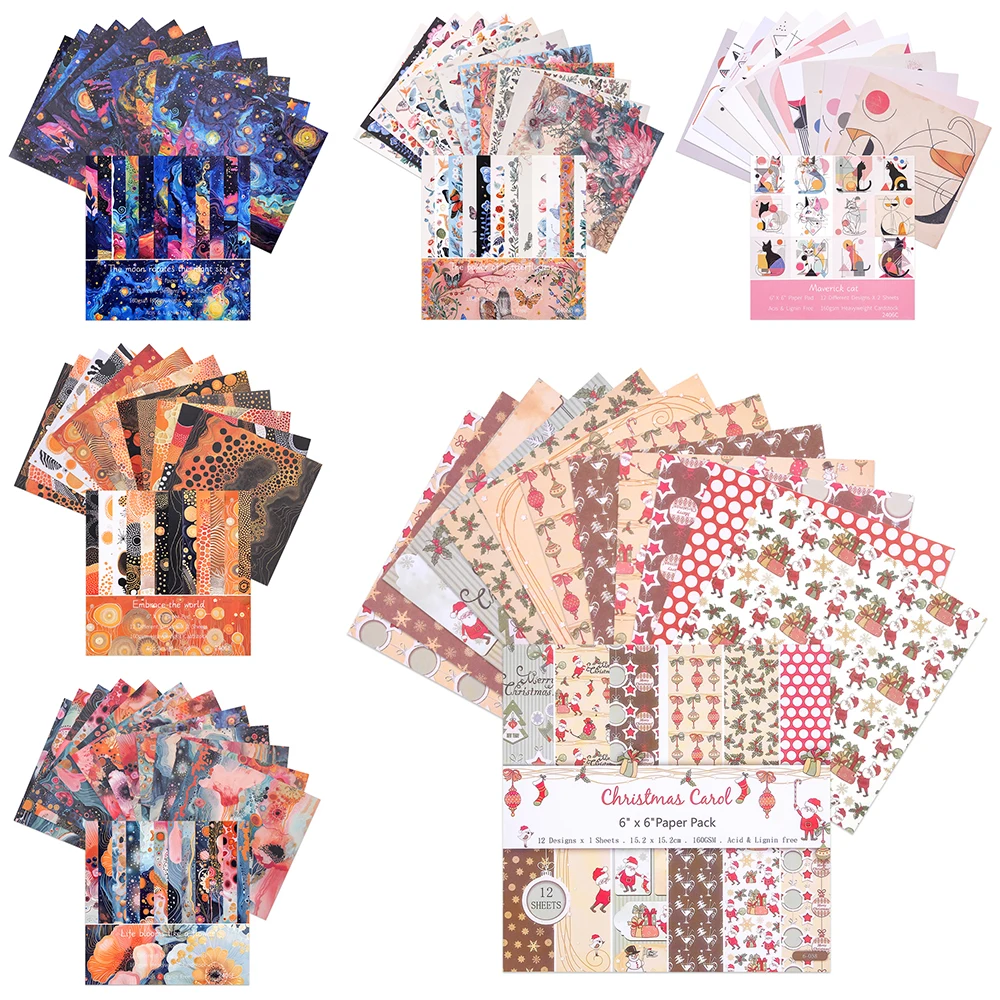 

6X6 Inch Single Sided Patterned Cardstock Paper Pad 12 Designs for Diy Paper Card Making Scrapbooking Journal Planner Crafts
