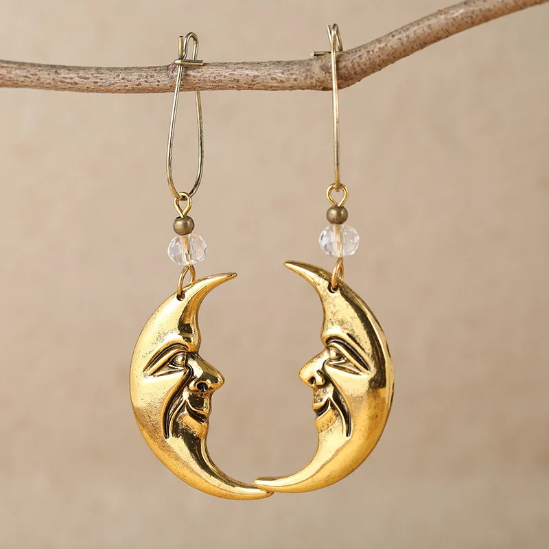 Brass Crescent Moon Earrings, Smiling Moon Man Face Dangles, Celestial Crystal Boho Jewelry, Big Moon Statement Jewelry, Fun Dan