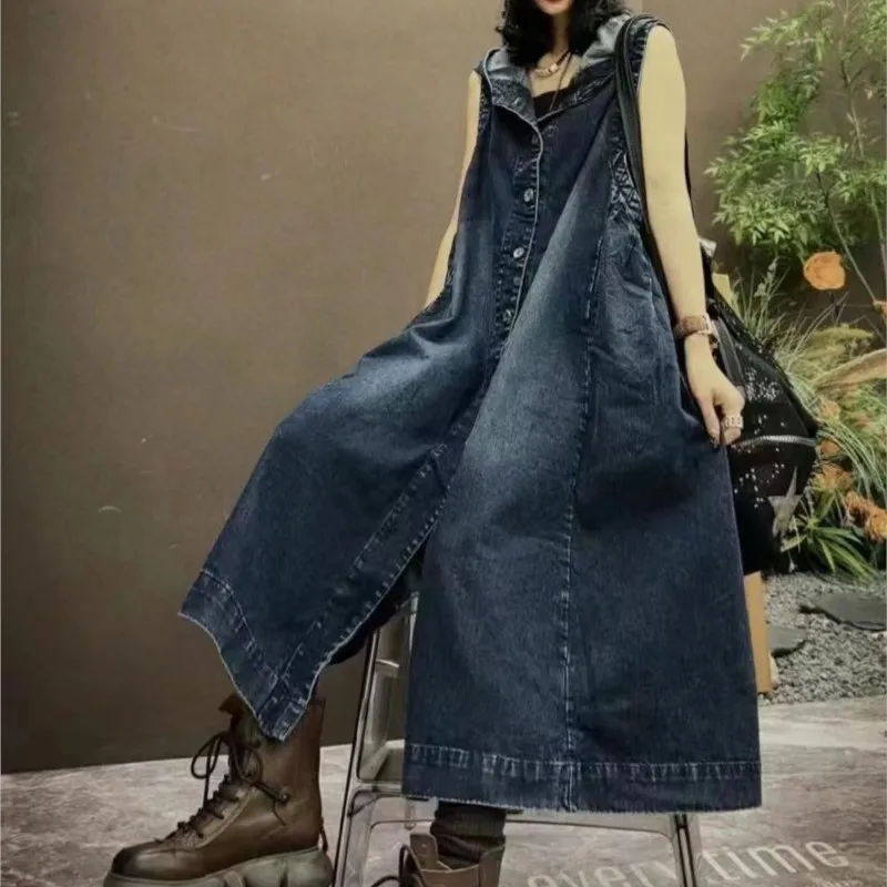 New Loose Long Retro Stone Washed Fried Color Hooded Vest Personalized and Slim-Looking Vest Dress