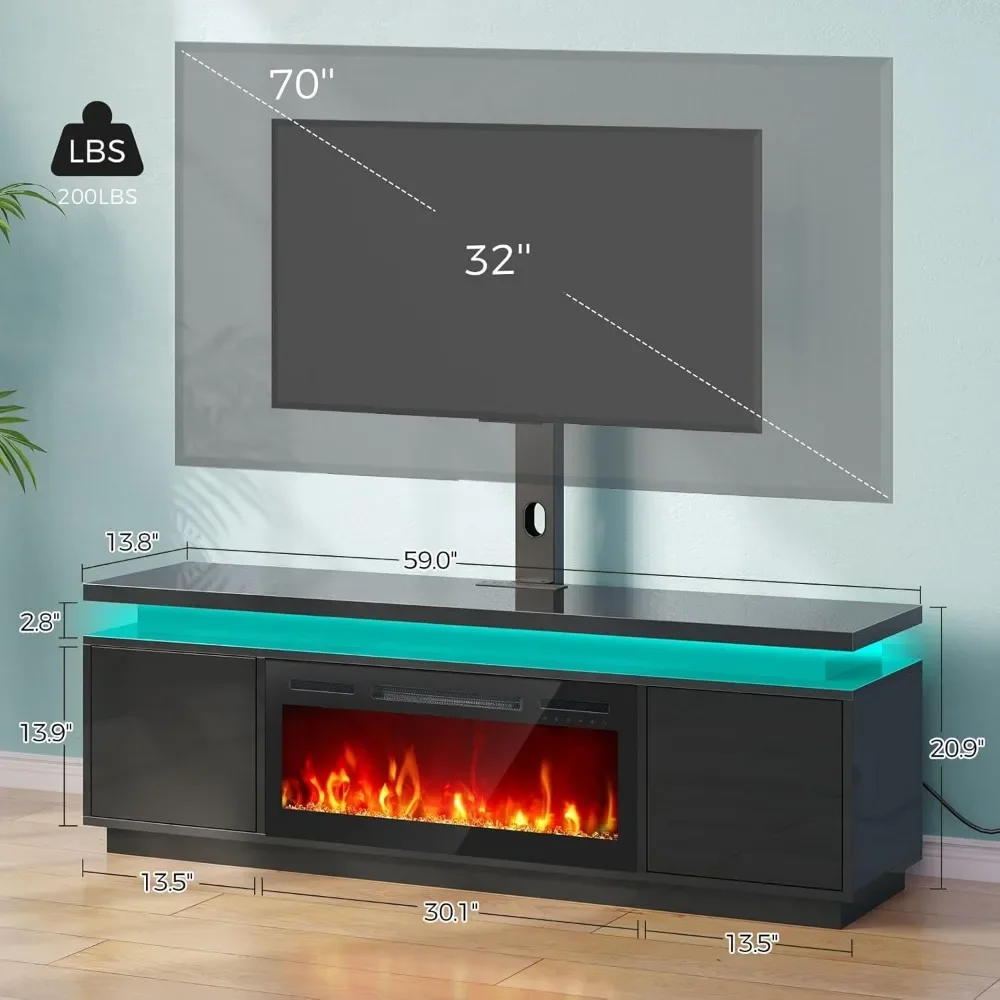 Fireplace TV Stand with Led Lights and Power Outlets, TV Stand Mount with Electric Fireplace, Black Entertainment Center