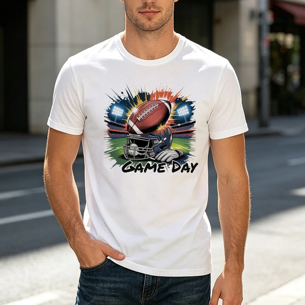 Game Day Football Helmet Men T Shirt Sporty Stadium Lights Graphic Tee Streetwear Athletic Fan Apparel Gift