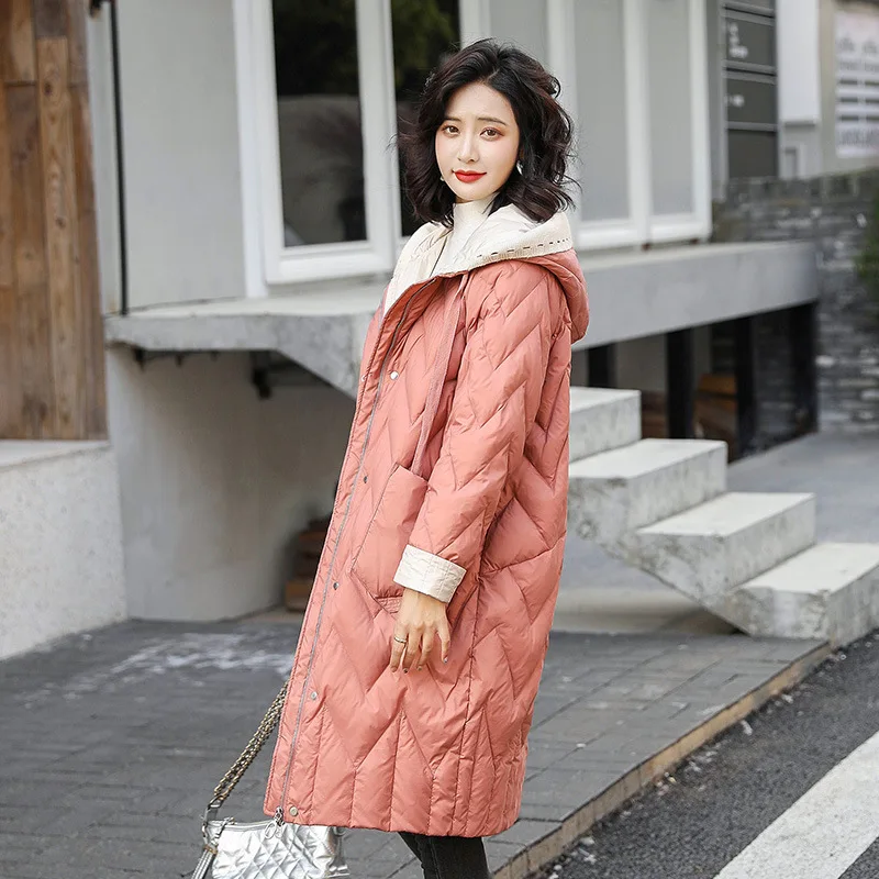 Korean Style Down Coats Women Mid Long  Hooded Loose Thickened Fashion Loose Casual Comfortable Jacket Lady Solid Autumn Winter