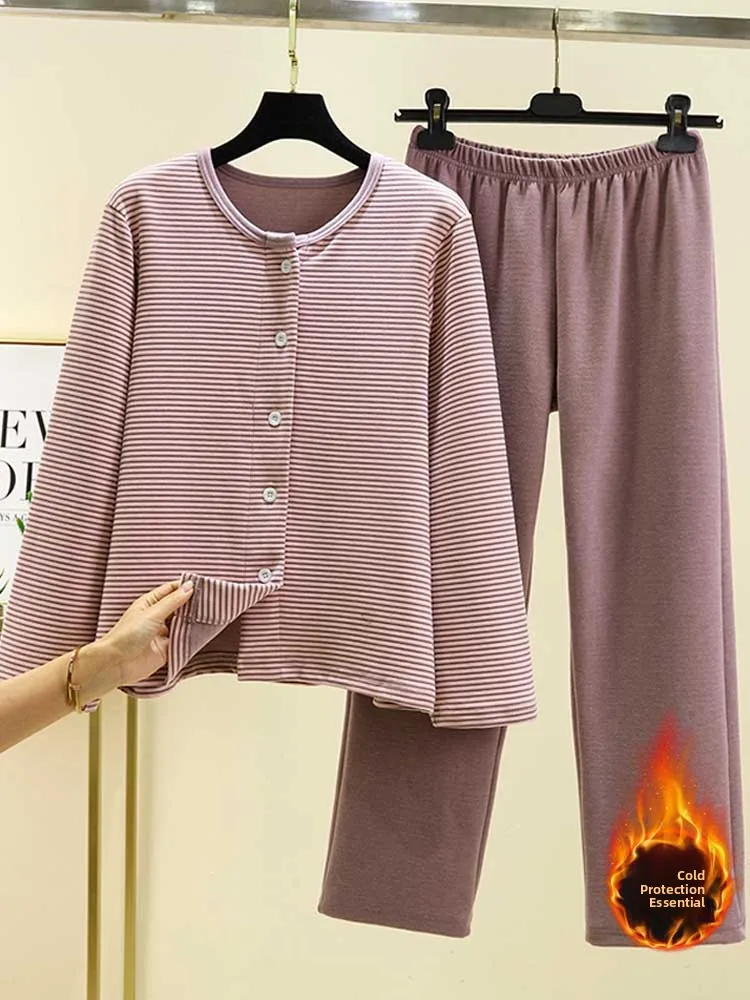 

Double-Sided Velvet Open Cardigan Home Clothes Women's Autumn Winter Large Size Striped Sleepwear Pants Outwear Warm Two-Piec...