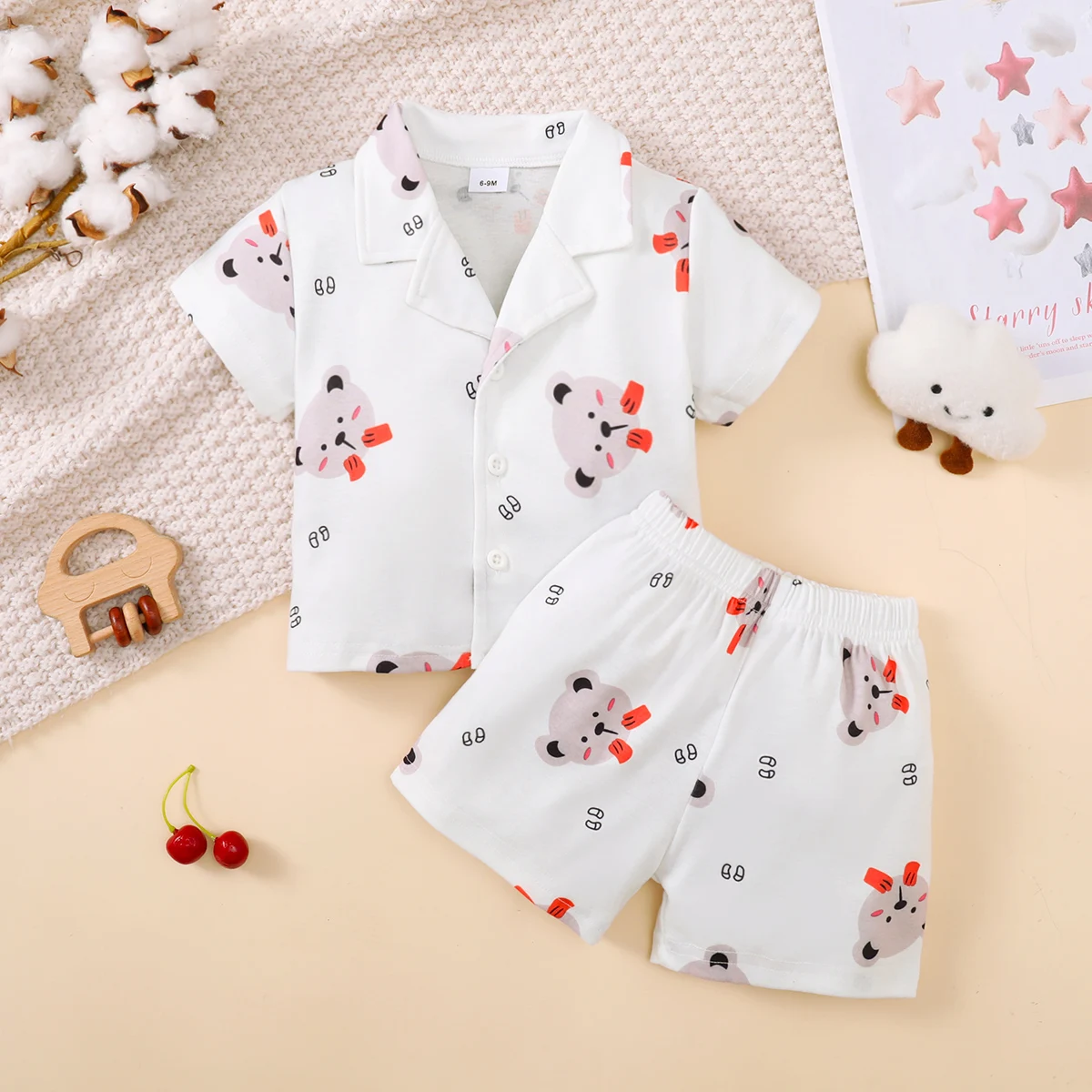 Children\'s Girls\' Cartoon Pajamas Teddy Bear Strawberry print Short sleeved+Shorts 2Pcs/Set 0-3 Years old Cute Baby Girl Pajamas