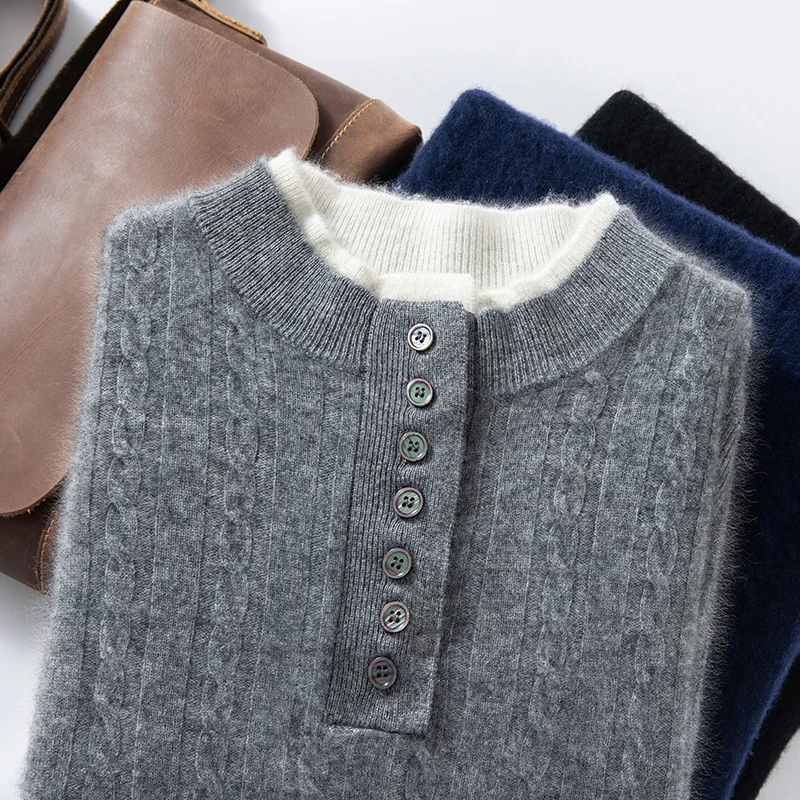 

ADDONEE Men Henley Collar 100% Cashmere Pullover Sweater Autumn Winter High Quality Cashmere Knitwear Soft Comfy Smart Casual