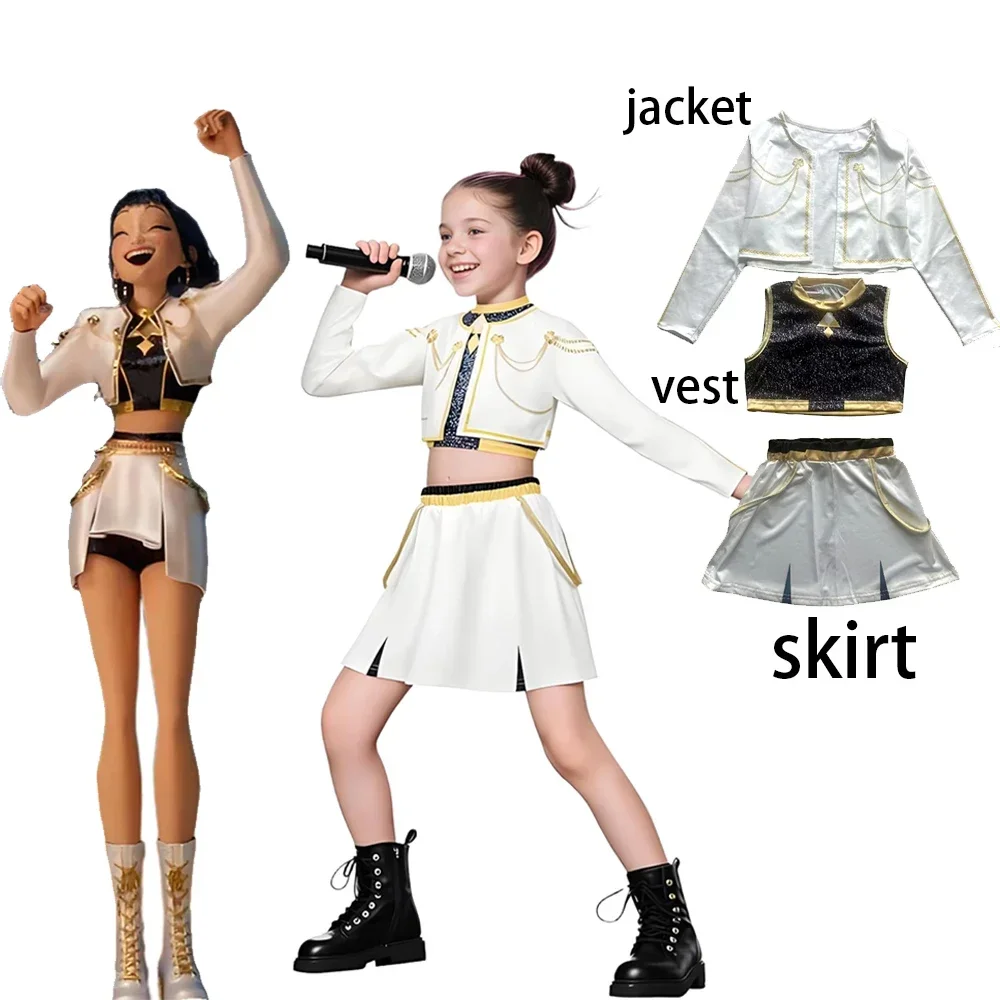 

2025 Huntrix Zoey Mira Cosplay Costume for Girls Wig Mask Singing Suits K Pop Demon Hunters Uniform Kids Halloween Party Outfits