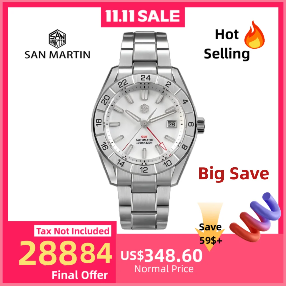 

San Martin 42 мм Мужские часы NH34 GMT Натуральный циферблат швабры 3H Date Swim Автоматический сапфир BGW-X1 Синее светящееся платье Reloj SN0130