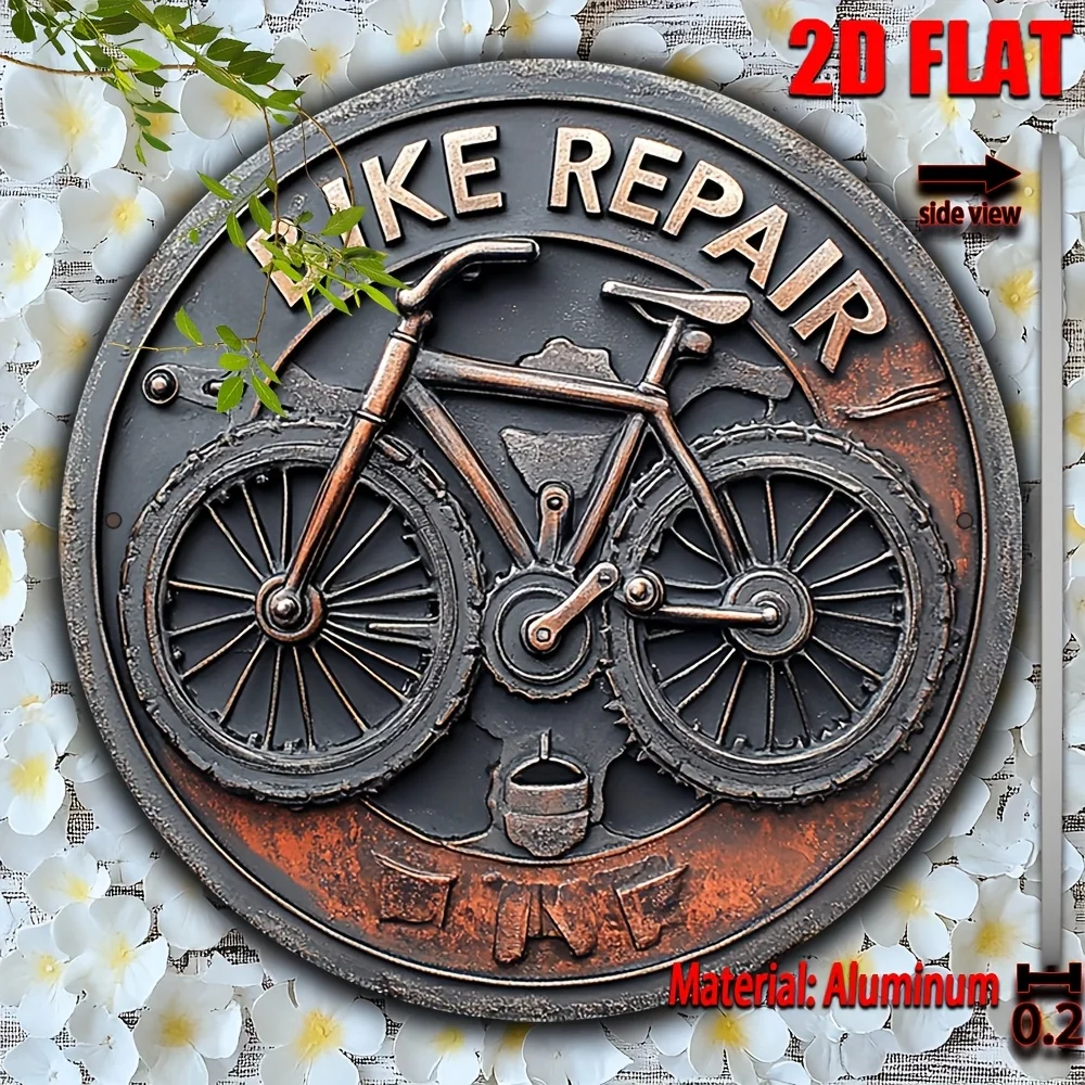 Vintage 2D Flaches Fahrrad-Wandkunstwerk - Aluminium-Fahrradreparatur-Metallschild für Heim, Büro und Außendekoration