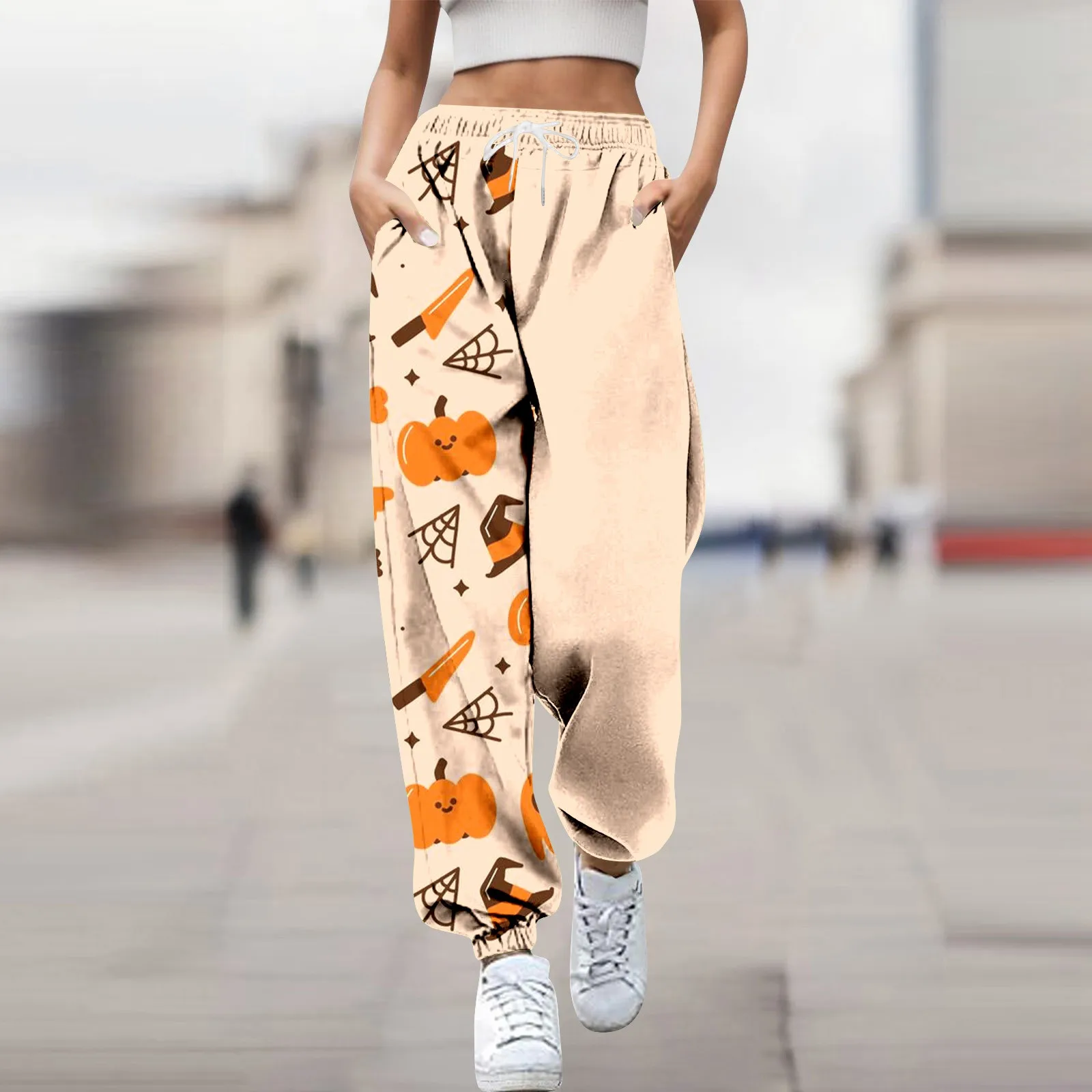 Women Fashion Trousers Pumpkin Skulls Halloween Print Bottom Sweatpants Pockets Loose Pants For Women Elastic Waist Casual