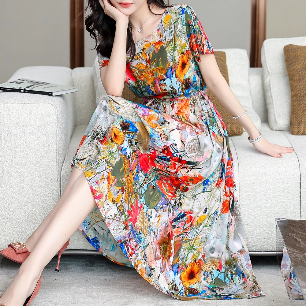 Letnie damskie sukienki z krótkim rękawem z nadrukiem vintage o-neck Sukienka plażowa Sundress Sukienka Vestidos