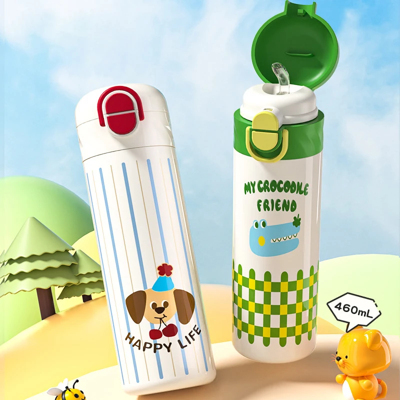 

460ml Cartoon 316 Stainless Steel Vacuum Flask with Straw Leak-Proof Insulated Thermos Water Bottle Double-Wall for Beverages