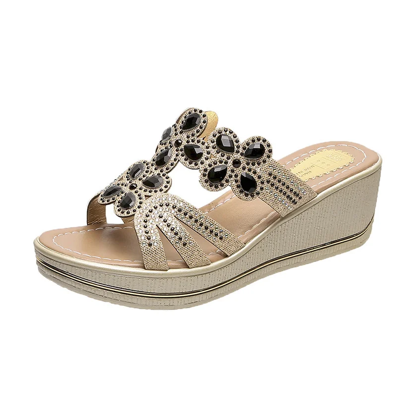 Women Sandals Summer Fashion Wedge Thick-soled Flip-flops  Sandals Crystal Casual Shoes High Heels Rhinestone Slippers