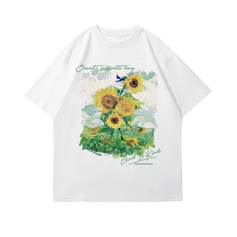 Hot Japan Korean and American Retro Sunflower Short-sleeved Couple T-shirt Summer Trendy Brand Graffiti Print T-shirt