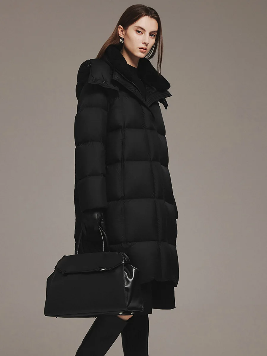 Winter Long Lamb Wool Splicing Hooded Down Jacket Women White Duck Down Knee Length Outwears Female Warm Thick Parker Jacket
