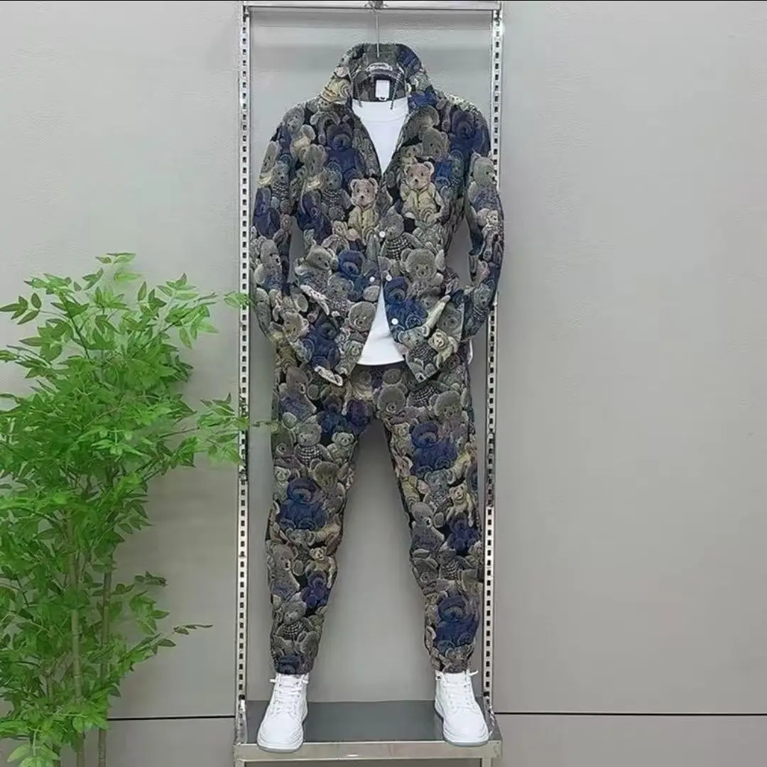 

Spring Autumn Men's Sets Fashion Bear Printing Jacket Trousers Two-Piece Leisure Sports Suit