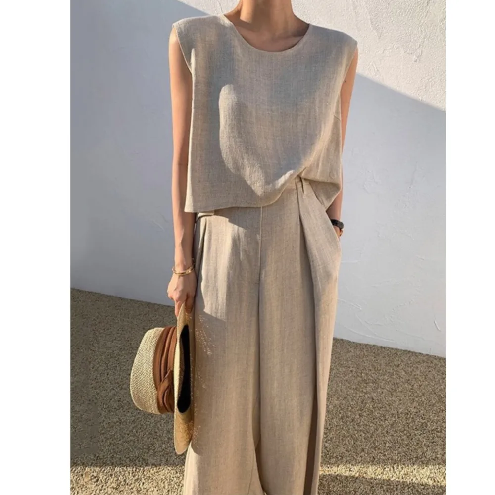 

Хлопково-льняной модный жилет без рукавов с круглым вырезом, широкие брюки, комплект из двух предметов, повседневный свободный женский комплект, новый стиль